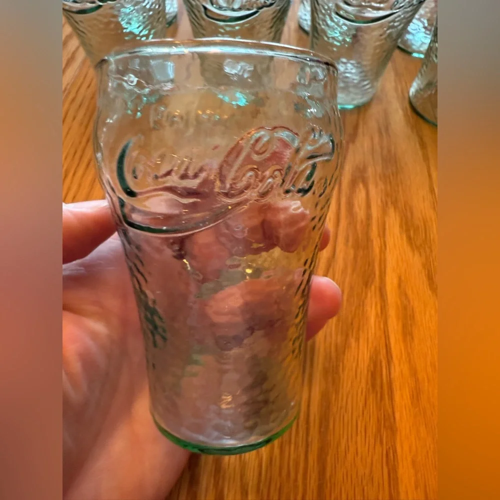 Set of 9 Vintage Mini Green Pebbled Coca-Cola Glasses